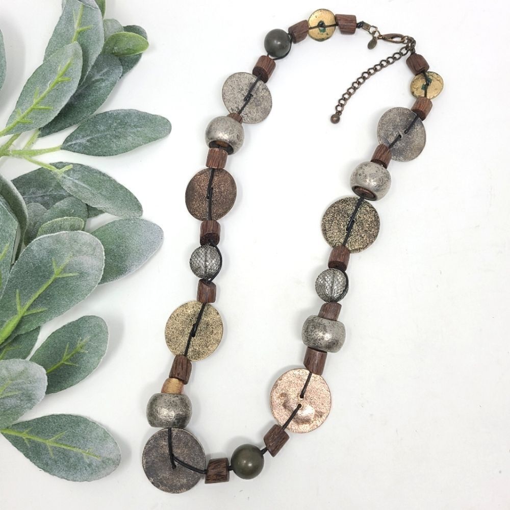 CHICO'S Metallic Disk Wooden Beaded Necklace